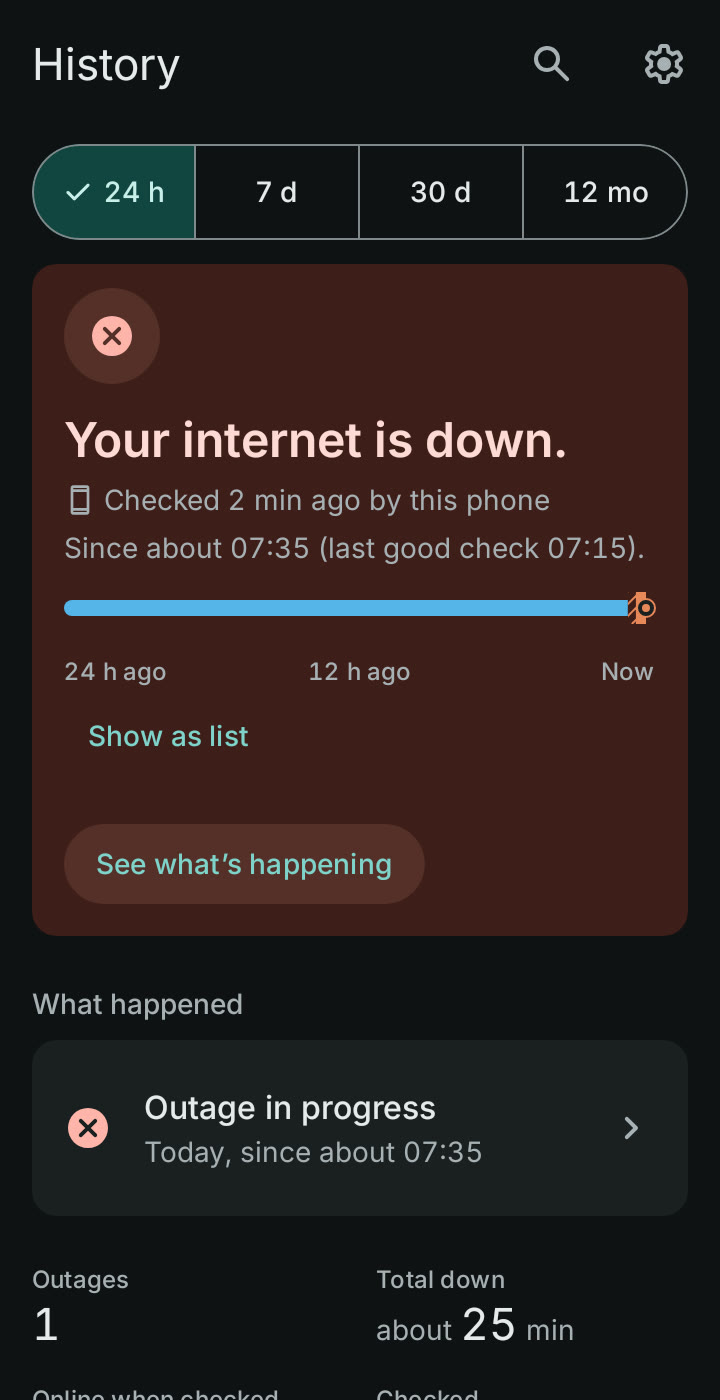 Stillwire History screen showing an internet outage on the 24-hour timeline